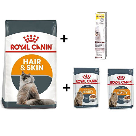 Royal Canin Hair Skin  Kedi  Maması 2 Kg + 2 Adet RC Yaş Mama 85gr +20 gr GimCat Malt      