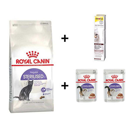 Royal Canin Sterilised Kısırlaştırılmış Kedi Maması 4 Kg + 2 Adet RC Yaş Mama 85 gr + 20 gr GimCat Malt 
