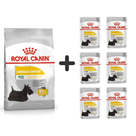 Royal Canin Mini Dermacomfort Yetişkin Köpek Maması 3 Kg + 6 Adet Yaş Mama