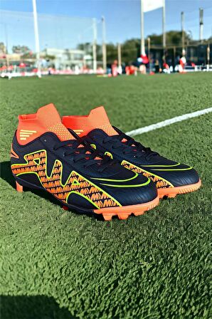Çoraplı Bilekli Boğazlı Krampon Futbol Ayakkabısı SİYAH - TURUNCU