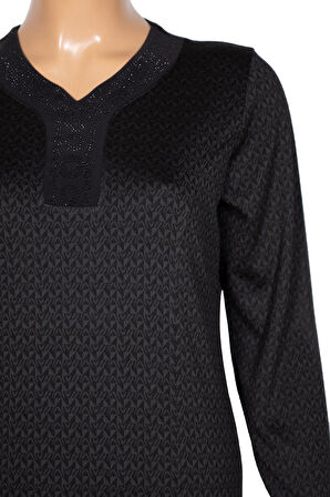 Hesna Kadın Buket Büyük Beden Devore Kuplu Kışlık Siyah Elbise