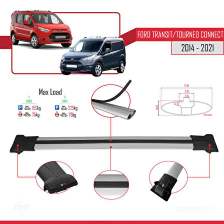 Ford Transit/Tourneo Connect 2 2014-2021 Arası ile Uyumlu FLY Model Ara Atkı Tavan Barı Gri 2 Adet