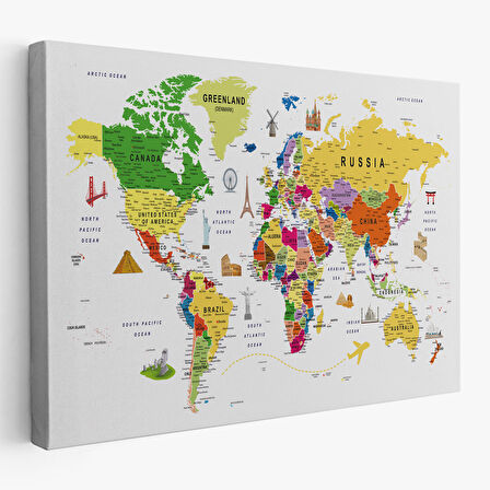 Harita Sepeti Dünya Haritası Son Derece Ayrıntılı Eğitici ve Sembollü Kanvas Tablo 3185