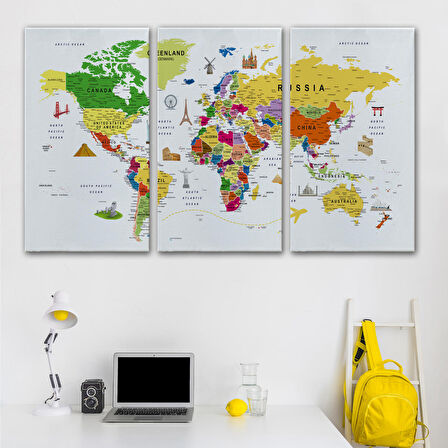 Harita Sepeti Dünya Haritası Son Derece Ayrıntılı Eğitici ve Sembollü Kanvas Tablo 3185