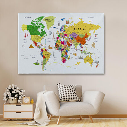 Harita Sepeti Dünya Haritası Son Derece Ayrıntılı Eğitici ve Sembollü Kanvas Tablo 3185