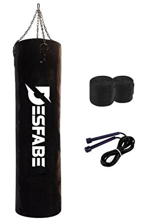 Desfabe Boxing Star 120x32 Cm Zincirli Boks Kum Torbası Siyah+El Sargı Bandajı+Atlama İpi