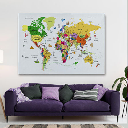 Harita Sepeti Türkçe Dünya Haritası Son Derece Ayrıntılı Eğitici ve Sembollü Kanvas Tablo 3186