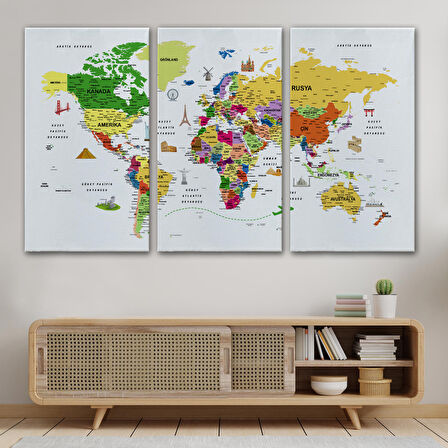 Harita Sepeti Türkçe Dünya Haritası Son Derece Ayrıntılı Eğitici ve Sembollü Kanvas Tablo 3186