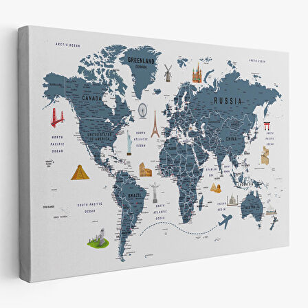 Harita Sepeti Dünya Haritası Son Derece Ayrıntılı Eğitici ve Sembollü Kanvas Tablo 3187