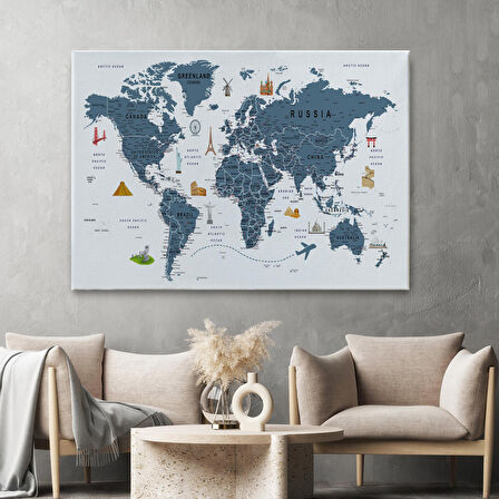 Harita Sepeti Dünya Haritası Son Derece Ayrıntılı Eğitici ve Sembollü Kanvas Tablo 3187