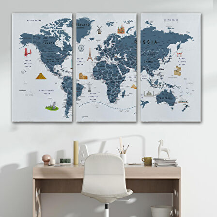 Harita Sepeti Dünya Haritası Son Derece Ayrıntılı Eğitici ve Sembollü Kanvas Tablo 3187