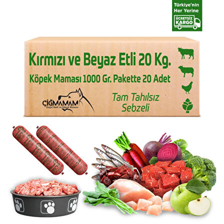 Kırmızı ve Beyaz Etli Tahılsız 20 Kg 1000 Gr 20 Adet Çiğmamam Barf Köpek Maması