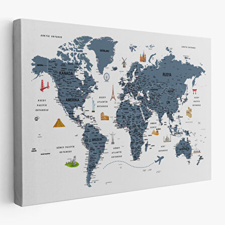 Harita Sepeti Türkçe Dünya Haritası Son Derece Ayrıntılı Eğitici ve Sembollü Kanvas Tablo 3188