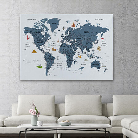 Harita Sepeti Türkçe Dünya Haritası Son Derece Ayrıntılı Eğitici ve Sembollü Kanvas Tablo 3188