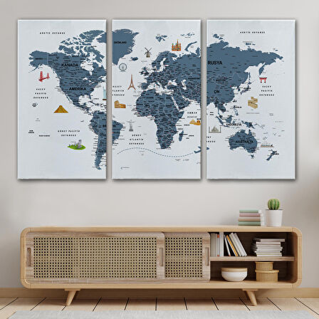 Harita Sepeti Türkçe Dünya Haritası Son Derece Ayrıntılı Eğitici ve Sembollü Kanvas Tablo 3188