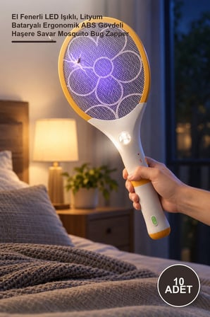 10 Adet Sivrisinek Öldürücü Raket – El Fenerli LED Işıklı, Lityum Bataryalı Ergonomik ABS Gövdeli Haşere Savar Mosquito Bug Zapper