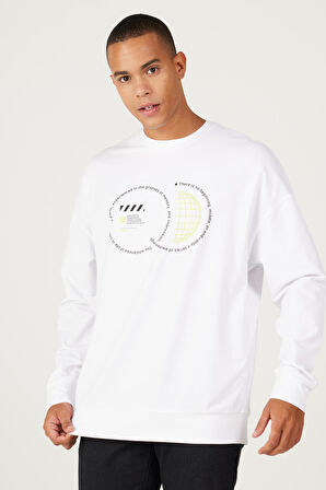 Oversize Bol Kesim Bisiklet Yaka Pamuklu Baskılı Sweatshirt