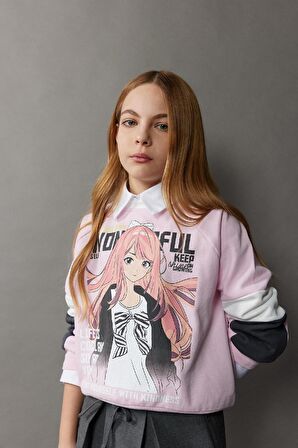 DeFacto Kız Çocuk Relax Fit Bisiklet Yaka Baskılı Sweatshirt E0460A825SPPN633