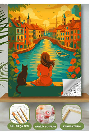 Sayılarla Boyama Seti 40x50 Cm (Çıtalı) Fırça Boya Dahil Numaralı Tuval Kız ve Kedi