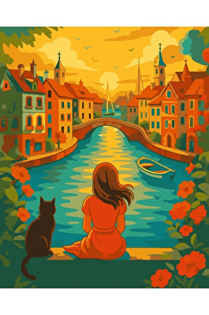 Sayılarla Boyama Seti 40x50 Cm (Çıtalı) Fırça Boya Dahil Numaralı Tuval Kız ve Kedi