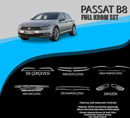 Vw Passat B8 Krom Set (Yan Kapı Çıt.-Ön Tampon Çıt.-Dfiüzör-Sis Çer.-Far Üst Çıt.-Arka Tampon Çıta.)