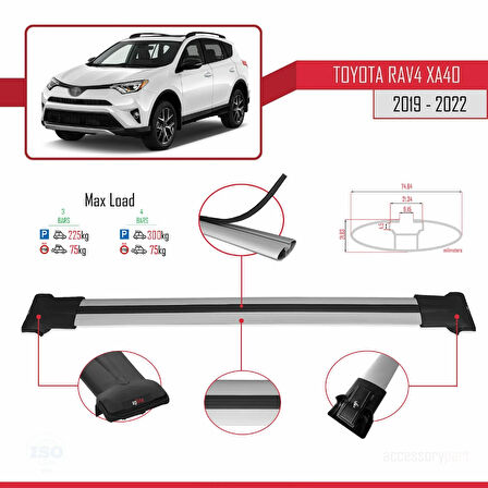 Toyota RAV4 IV (XA40) Post-Facelift 2016-2018 Arası ile Uyumlu FLY Model Ara Atkı Tavan Barı Gri 3 Adet