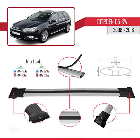 Citroen C5 II Tourer 2008-2018 Arası ile Uyumlu FLY Model Ara Atkı Tavan Barı Gri 2 Adet