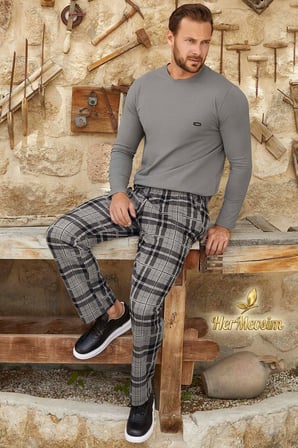 Aydoğan Erkek Kışlık Pijama Takımı Pamuklu Uzun Kol Jakarlı Gri Berk J-3382