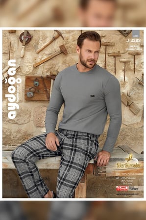 Aydoğan Erkek Kışlık Pijama Takımı Pamuklu Uzun Kol Jakarlı Gri Berk J-3382
