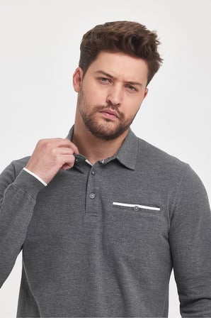 Erkek Uzun Basic Polo Yaka Cepli Düz Sarı Sweatshirt