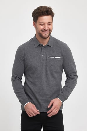 Erkek Uzun Basic Polo Yaka Cepli Düz Sarı Sweatshirt