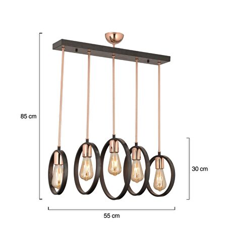 Halka 5Li Sıralı Siyah Modern Tasarım Yemek Masası Üstü Salon-Mutfak Cafe-Restoran Sarkıt Avize