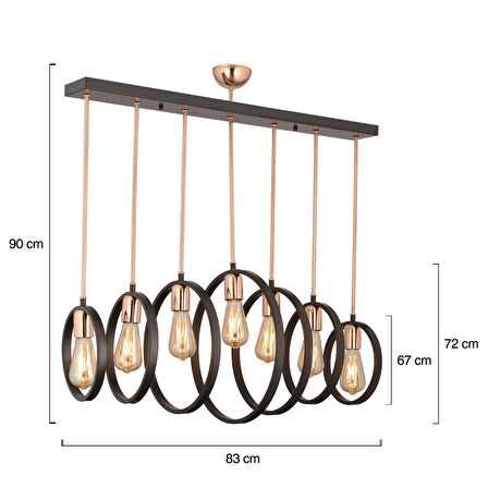 Halka 7Li Sıralı Siyah Modern Tasarım Yemek Masası Üstü Salon-Mutfak Cafe-Restoran Sarkıt Avize
