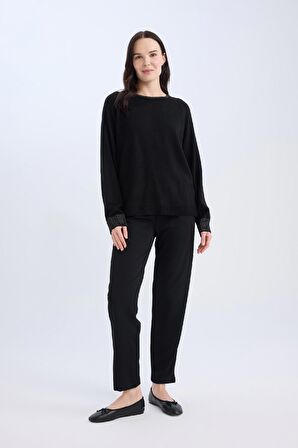 DeFacto Regular Fit Bisiklet Yaka Simli Reglan Kol Siyah Triko Kazak Tunik D1580AX24WNBK81
