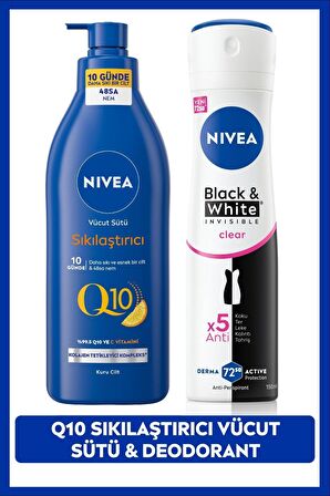 Nivea Kadın Sprey Deodorant Black&White Clear 150ml ve Q10 Sıkılaştırıcı ve Nemlendirici Vücut Sütü 400ml