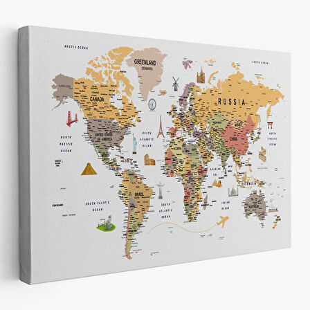 Harita Sepeti Dünya Haritası Son Derece Ayrıntılı Eğitici ve Sembollü Kanvas Tablo 3199