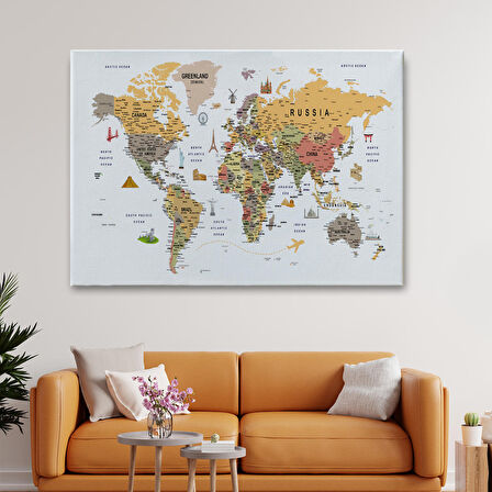 Harita Sepeti Dünya Haritası Son Derece Ayrıntılı Eğitici ve Sembollü Kanvas Tablo 3199