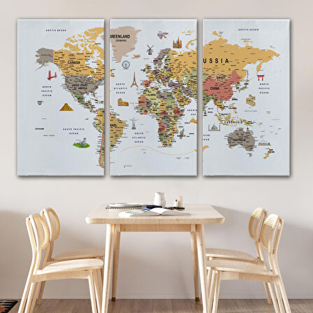 Harita Sepeti Dünya Haritası Son Derece Ayrıntılı Eğitici ve Sembollü Kanvas Tablo 3199