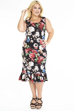 Desenli Eteği Fırfırlı Siyah Büyük Beden Elbise 31C-1208