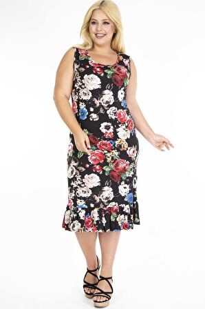 Desenli Eteği Fırfırlı Siyah Büyük Beden Elbise 31C-1208