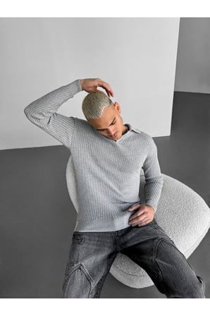 Slim Fit Polo Yaka Yumuşak Dokulu İtalyan Kesim Kazak Fitilli Sweatshirt