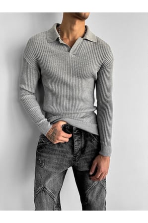 Slim Fit Polo Yaka Yumuşak Dokulu İtalyan Kesim Kazak Fitilli Sweatshirt