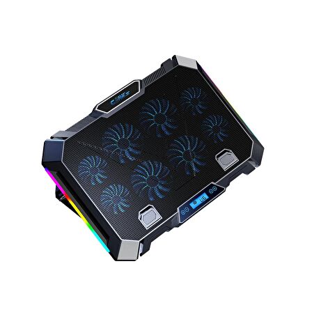 Claw's Vortex 8x Turbo LED Fan - 10 Modlu RGB - LCD Ekran - Ayarlabilir Fan Hızı & 7 Farklı Stand Yükseklik Kademesi – 2x USB - Metal Mesh Zemin Notebook Soğutucu - Siyah (9"-17" Boyut Destekli)