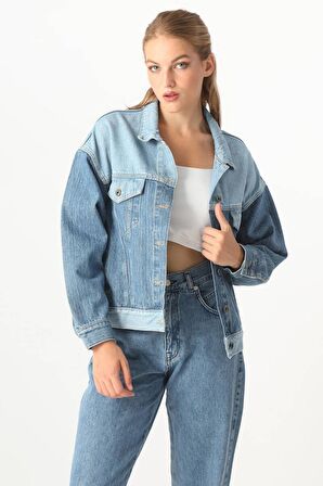 Kadın Renk Bloklu Oversize Jean Ceket Mavi