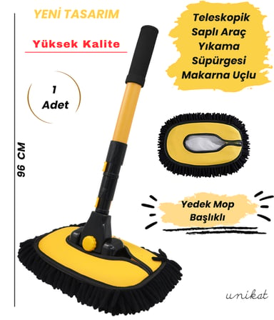 YENİ TASARIM Teleskopik Saplı Araç Yıkama Süpürgesi Makarna Uçlu – Uzatılabilir Yaylı Mikrofiber Fırça - 1 Adet