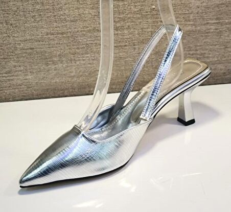 Ony 188 Kadın Sivri Burun Arka Açık Kadeh Ökçe Abiye Ayakkabı Gümüş