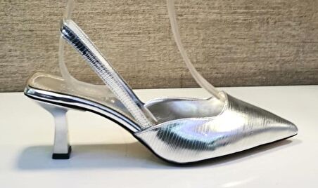 Ony 188 Kadın Sivri Burun Arka Açık Kadeh Ökçe Abiye Ayakkabı Gümüş