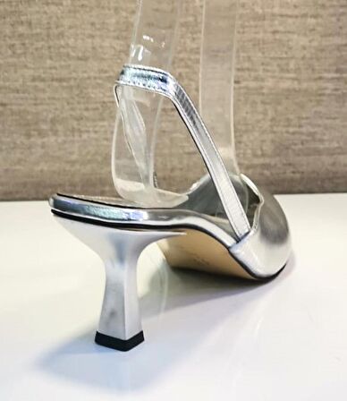 Ony 188 Kadın Sivri Burun Arka Açık Kadeh Ökçe Abiye Ayakkabı Gümüş