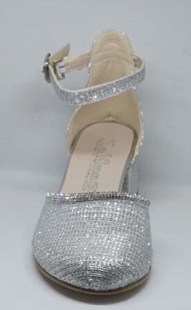 Miniwomen 771 Çocuk Taşlı Önü Ve Arkası Kapalı Yan Açık Topuklu Abiye Ayakkabı Gümüş Simli