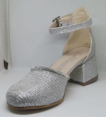 Miniwomen 771 Çocuk Taşlı Önü Ve Arkası Kapalı Yan Açık Topuklu Abiye Ayakkabı Gümüş Simli